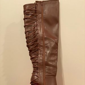 Brown wedge wide calf knee high boot